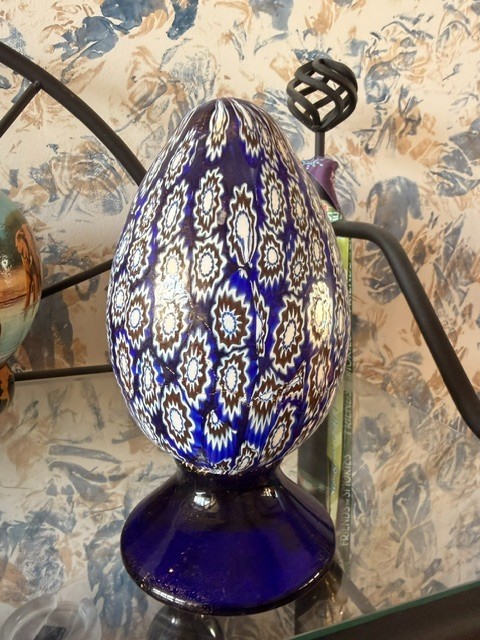 Murano Millefiori Glass Egg on Cobalt Base Murano Millefiori Glass Egg on Cobalt Base
