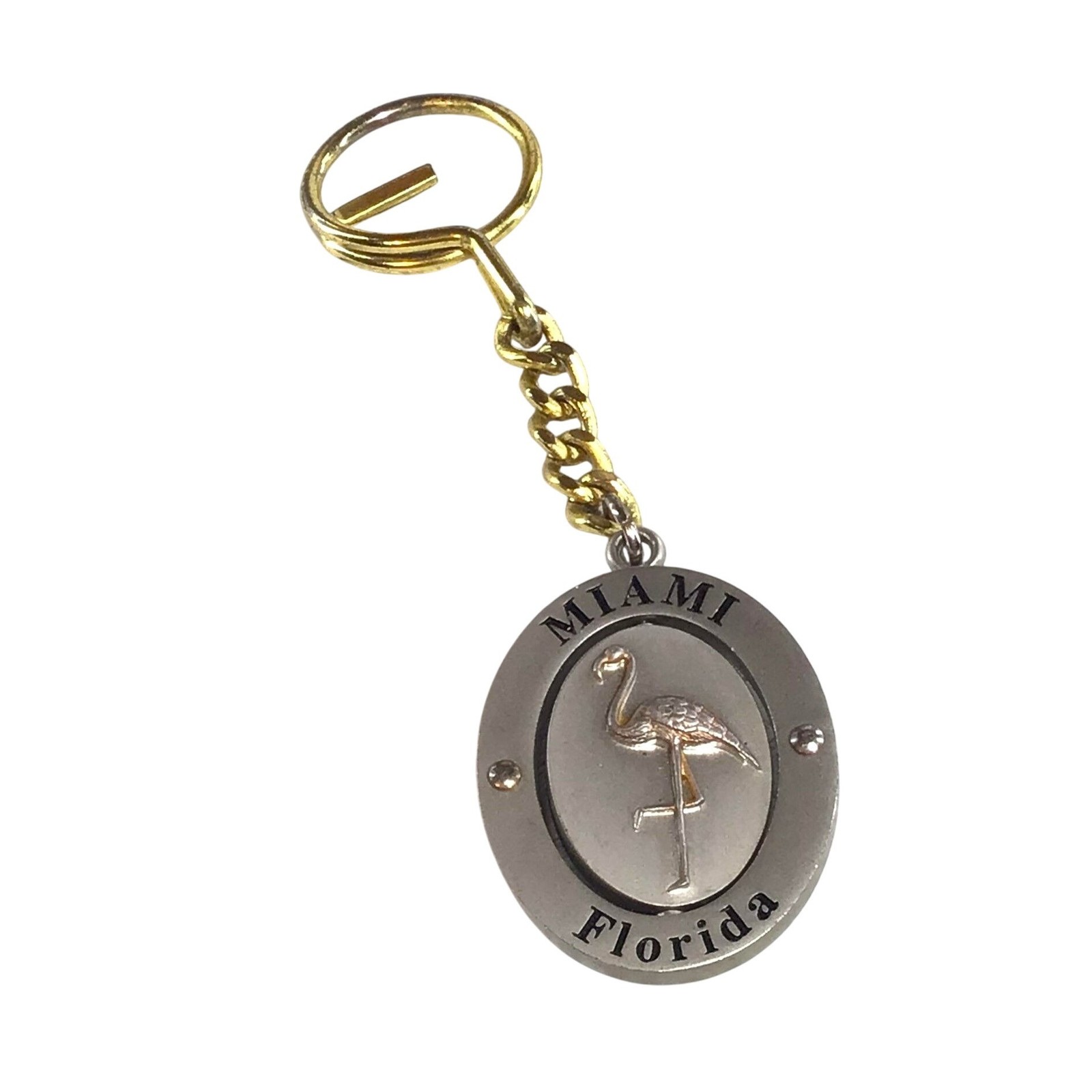 Vintage Miami Florida Keychain Flamingo Center Twirls Silver Tone Gold Vintage Miami Florida Keychain Flamingo Center Twirls Silver Tone Gold