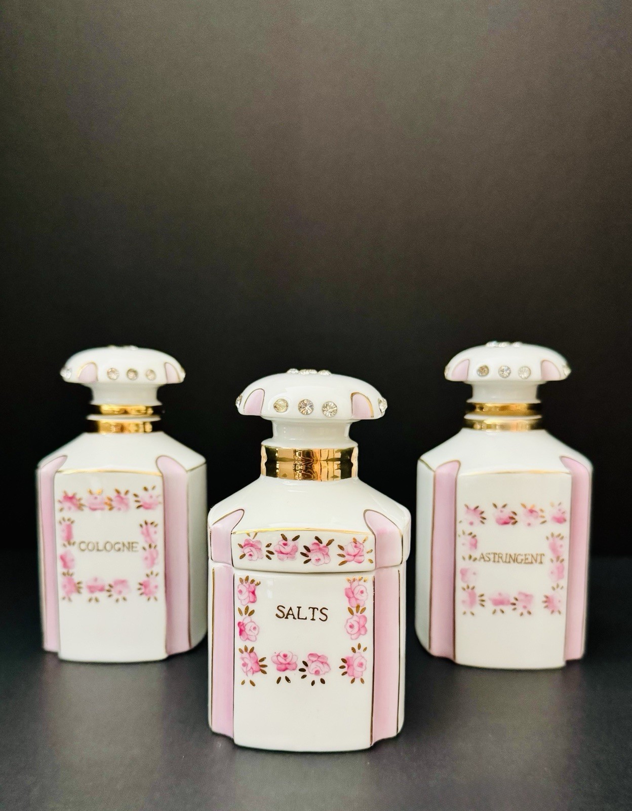 1956 Lefton Jeweled Vanity Set Cologne Astringent Salts Pink Gold Hand Painted