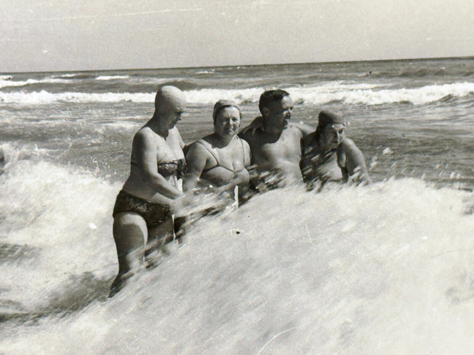 1960s Three Plump Women Bikini Shirtless Man big wave Sea Vintage Photo Snapshot