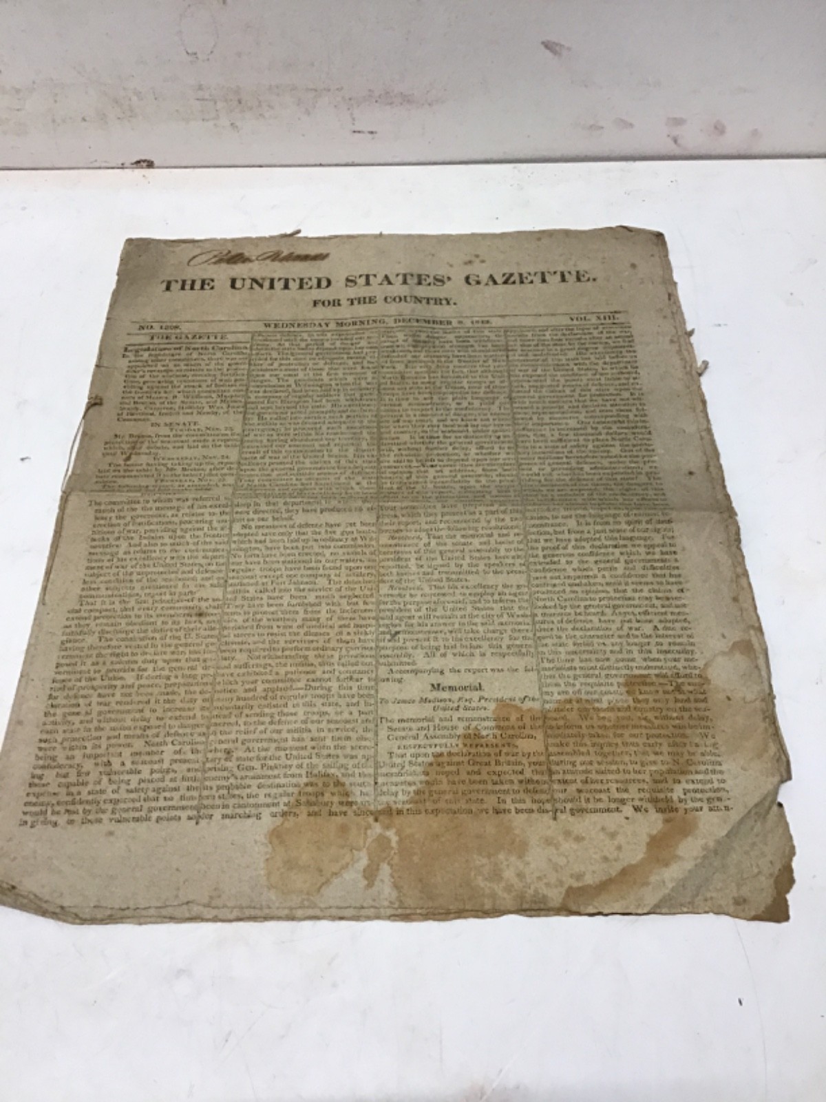 The United States Gazette Wed. December 8 Vol. XIII for (Judge) Peter Rhoads?