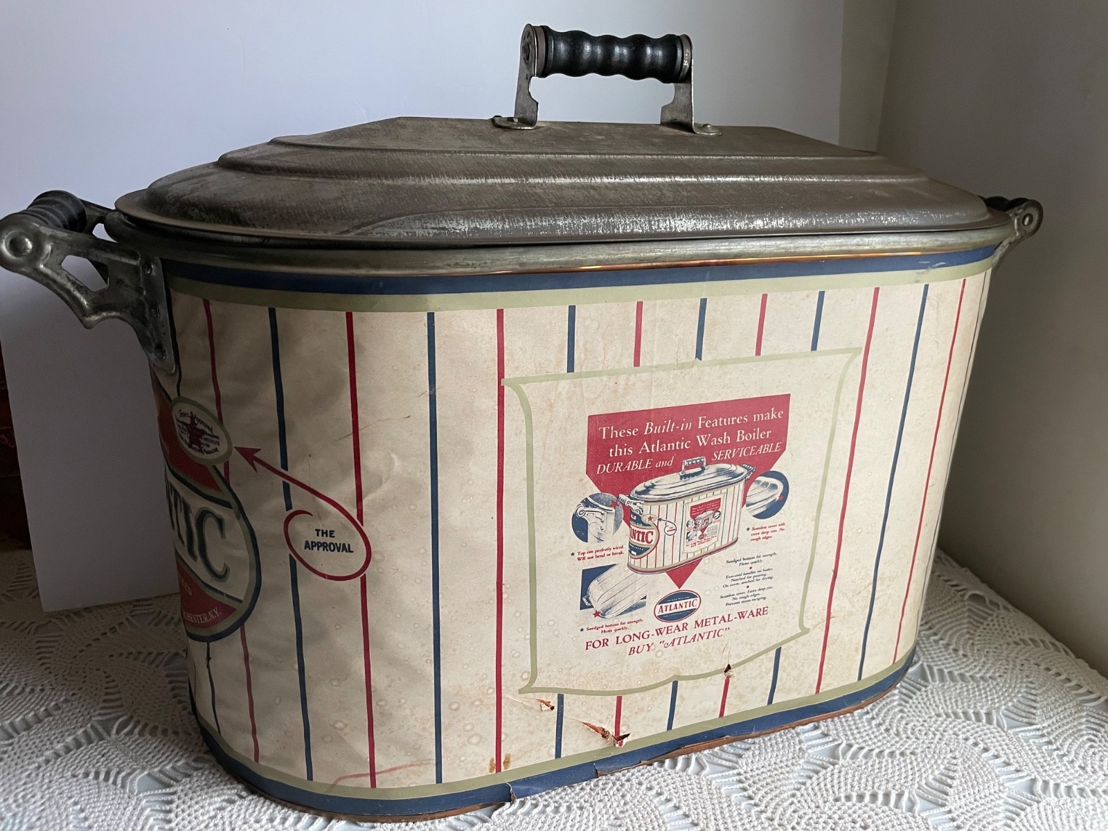 NOS Antique Atlantic Copper 15 Gallon Boiler Wash Tub Lid Wood Handles Farmhouse