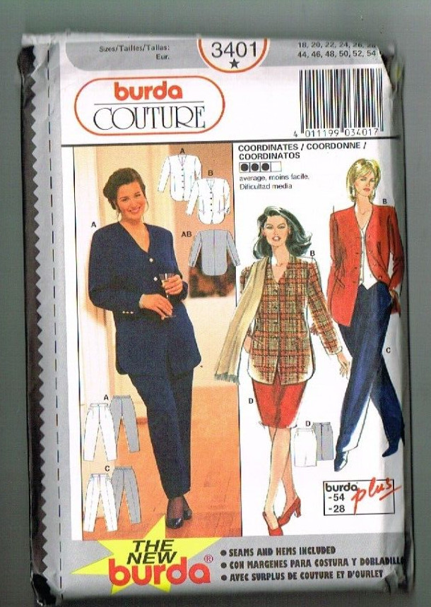 Burda 3401 Couture Pattern Coordinates Jacket Pants Skirt SZ 18 to 28 Uncut OOP