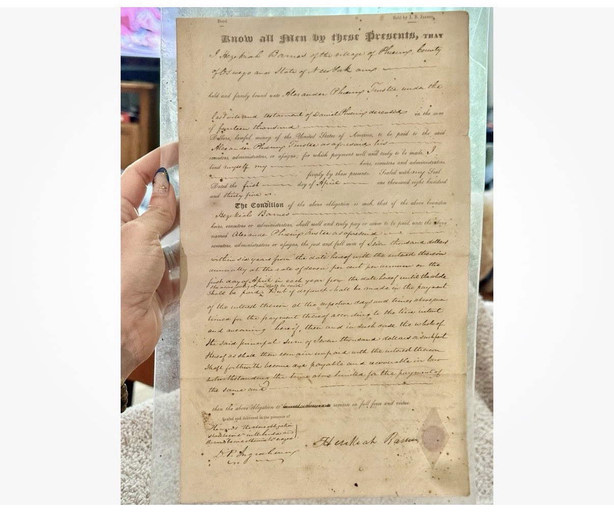 1835 Antique Handwritten Legal Bond Signed Manuscript Barnes Phinny $14K Debt