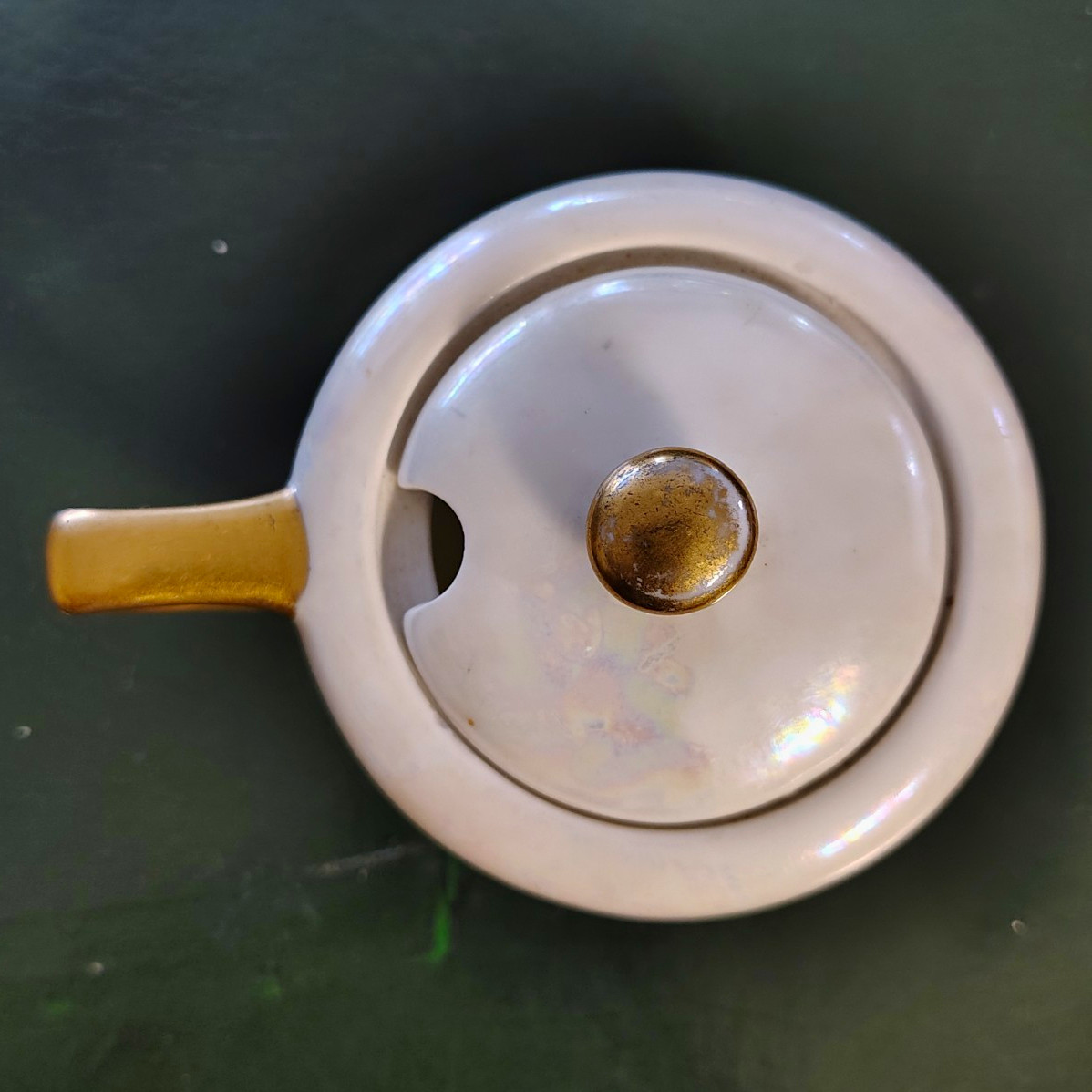 Vintage Glossy Cream White Ceramic Sugar Bowl w/ Lid, Gold Accent, Made in Japan