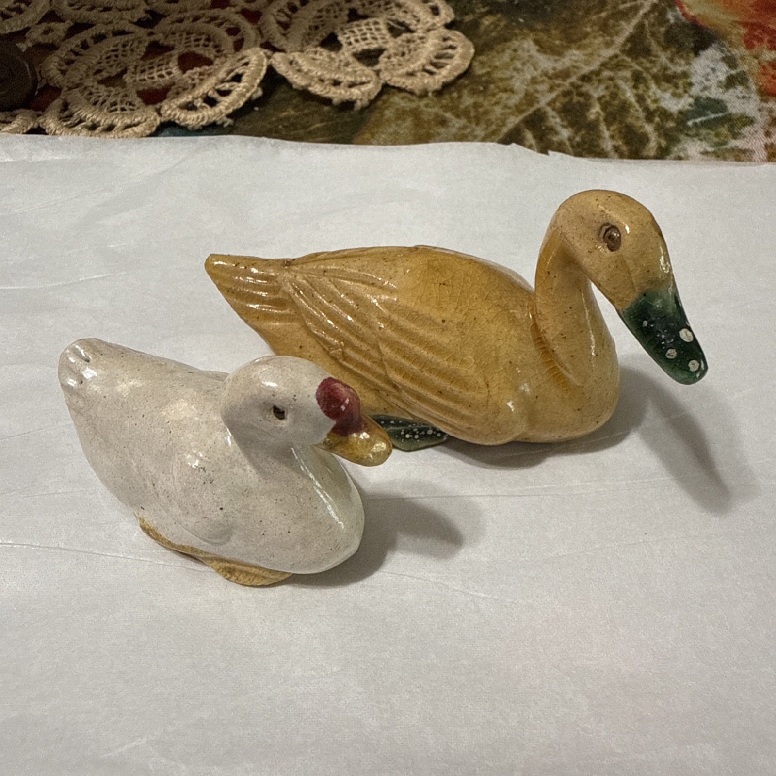 Set of 2 Vtg Chinese Mud Duck Figurines Glazed Ceramic Collectibles 
