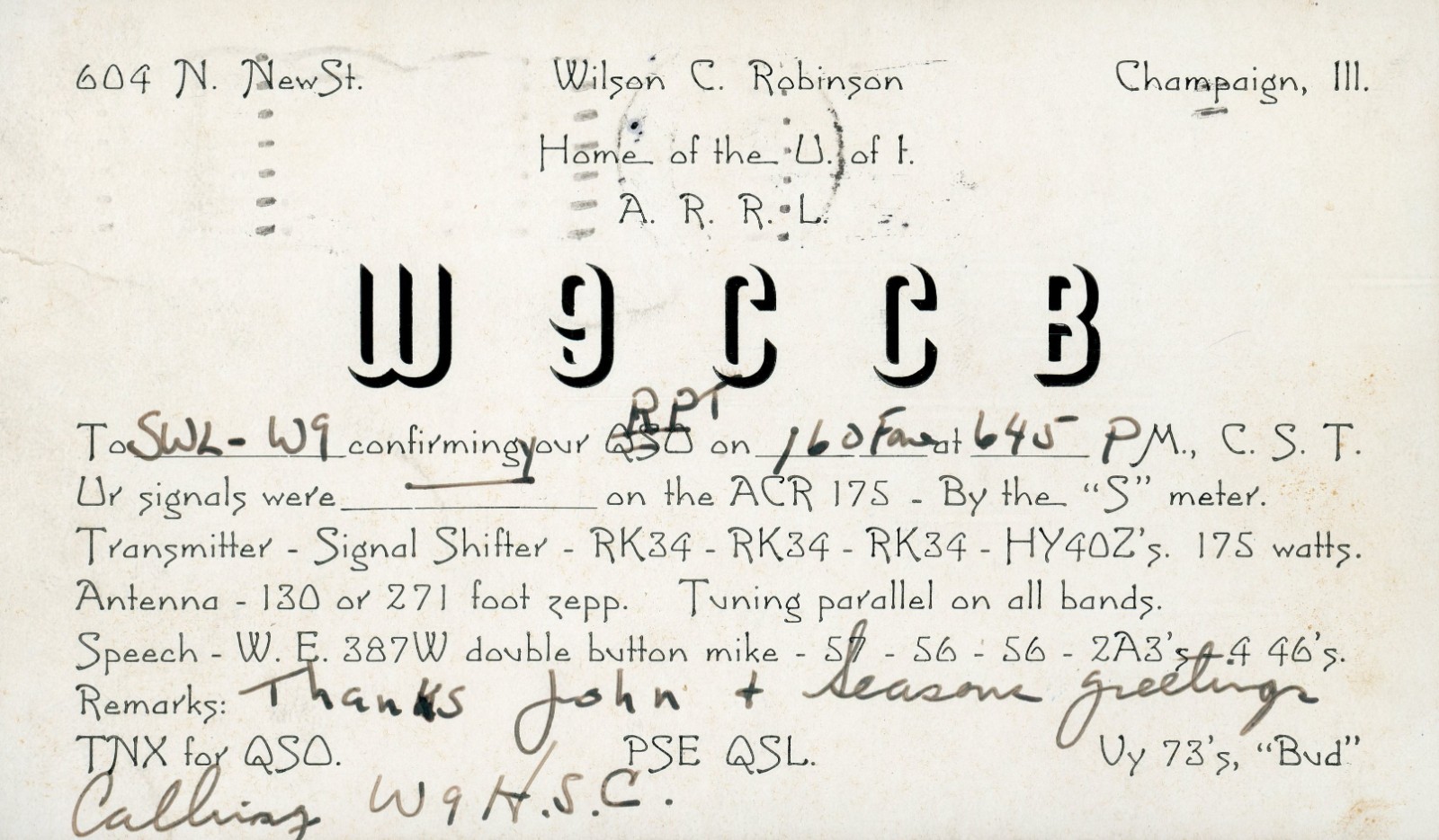 Vintage Amateur Radio QSL Postcard, 1939, W9CCB, Champaign, IL, Scott #804