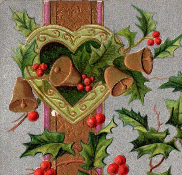 * Antique UDB Postcard Merry Christmas Embossed Holly Bells Hearts c1907
