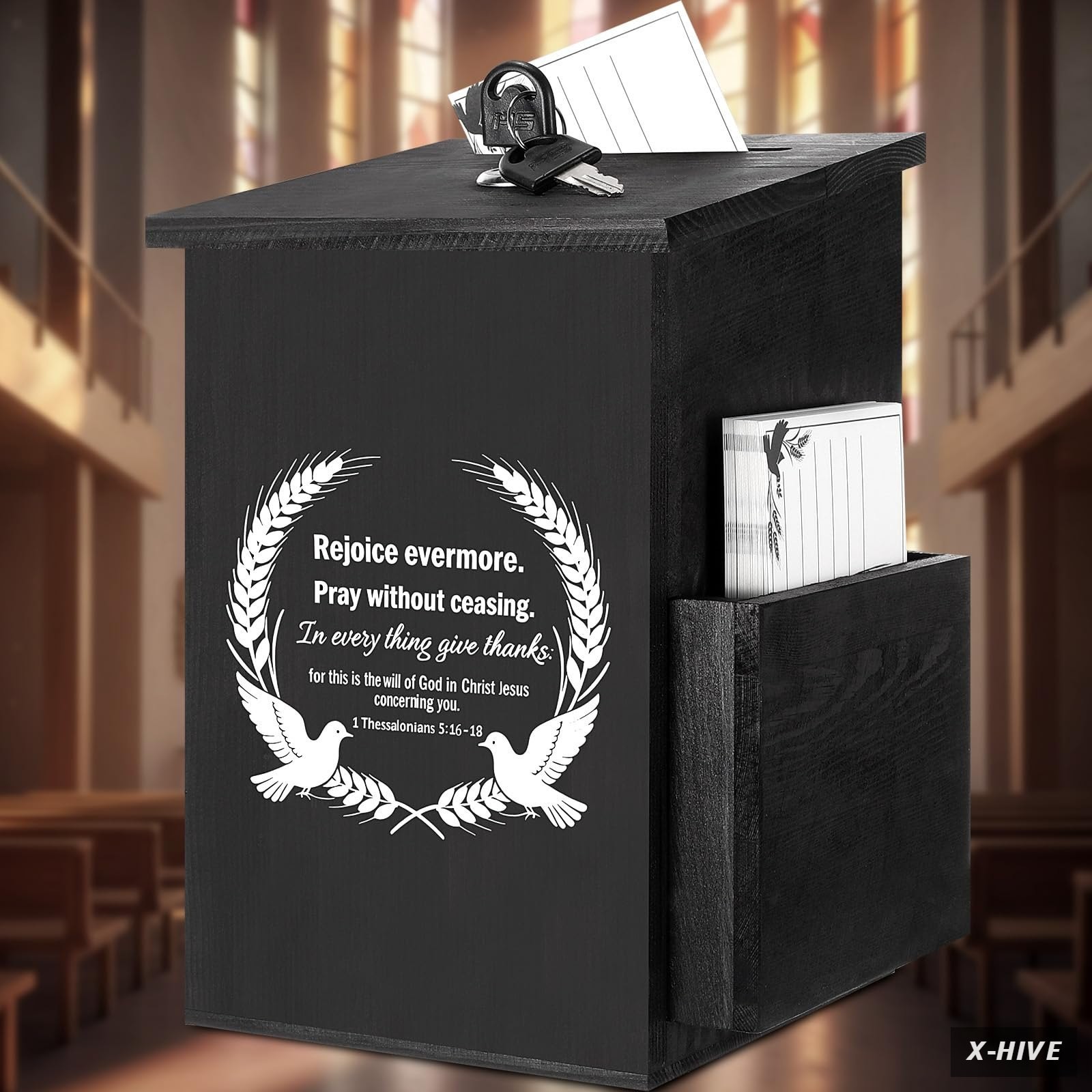 Lockable Wooden Prayer Request Box with 100 Cards - Faith Offering Case for Chu