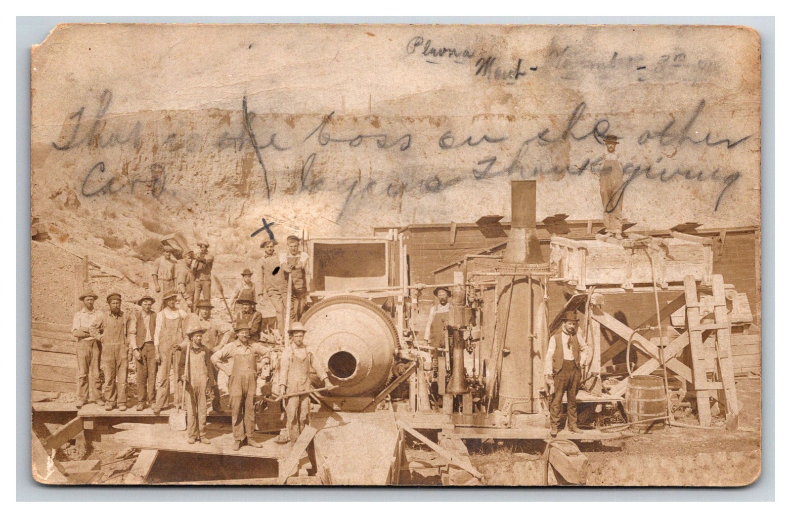 RPPC ~ PLEVNA MT ~ Work crew & Steam Donkey ~ Occupational , overalls RPPC ~ PLEVNA MT ~ Work crew & Steam Donkey ~ Occupational , overalls