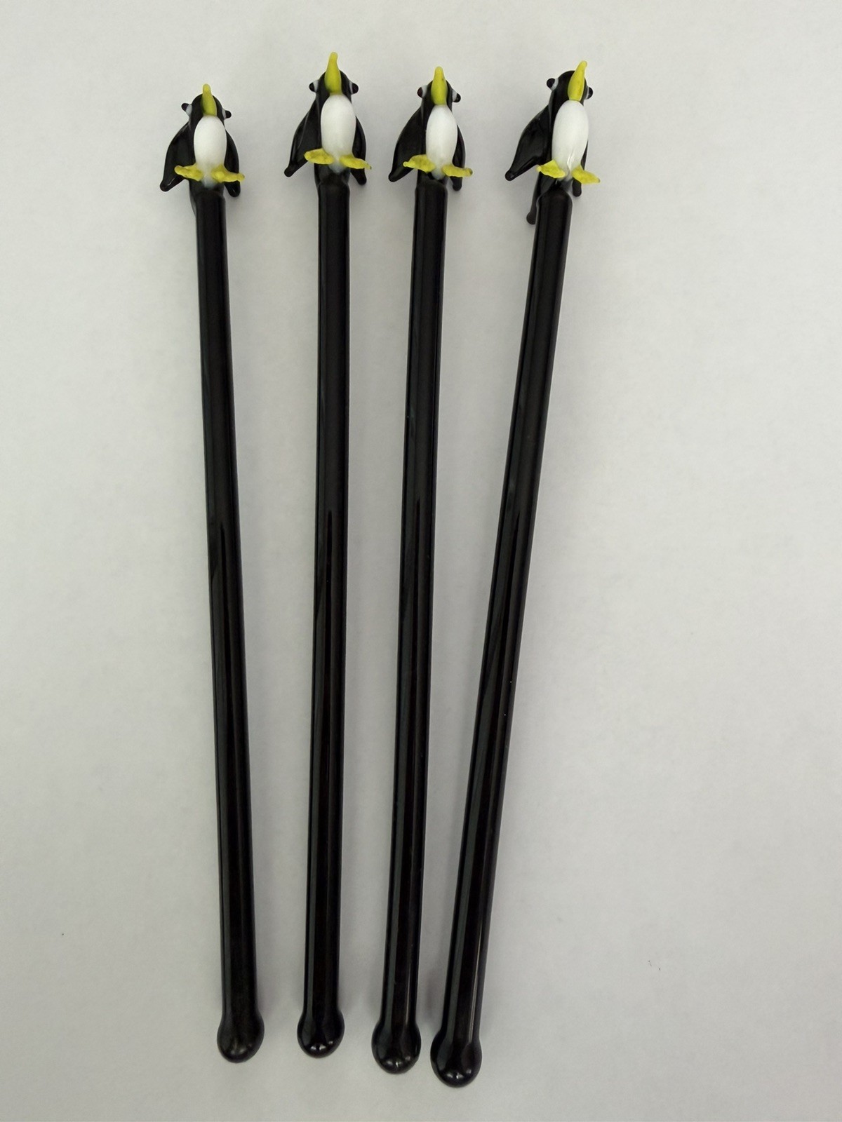 Set of 4 Vintage Handblown Glass Penguin Swizzle Sticks - Cocktail Stir