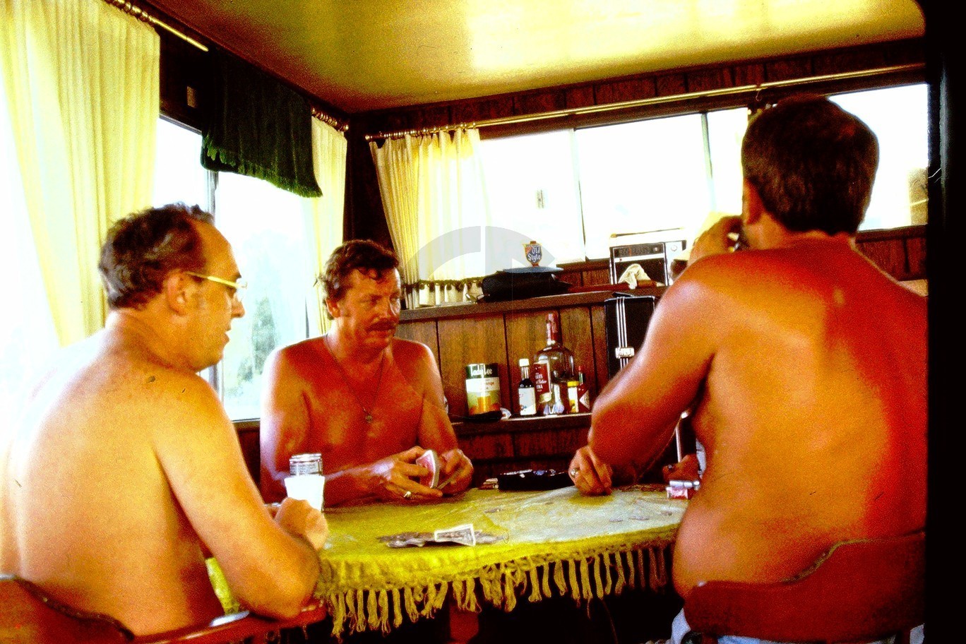 Shirtless Mature Dad Bod Men Playing Card Game @ Cabin: 1970's 35mm Slide