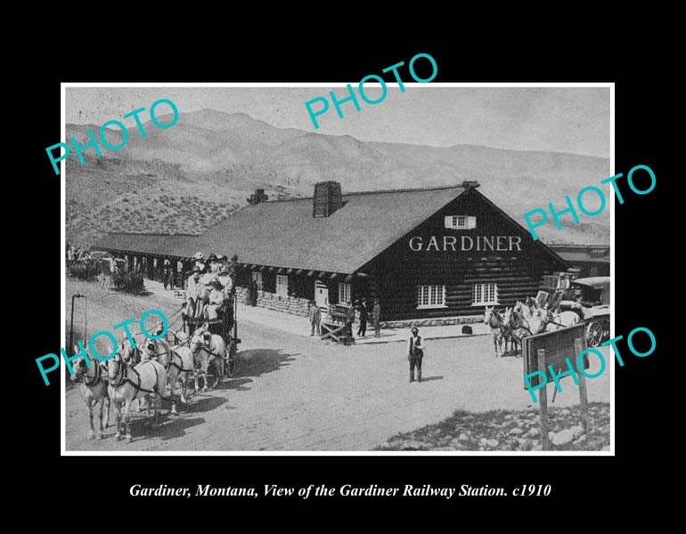 OLD LARGE HISTORIC PHOTO GARDINER MONTANA VIEW OF THE RAILWAY STATION c1910