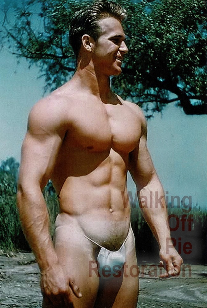 Beefcake model in posing strap 1950s 4x6 color reprint Gay Estate Collection