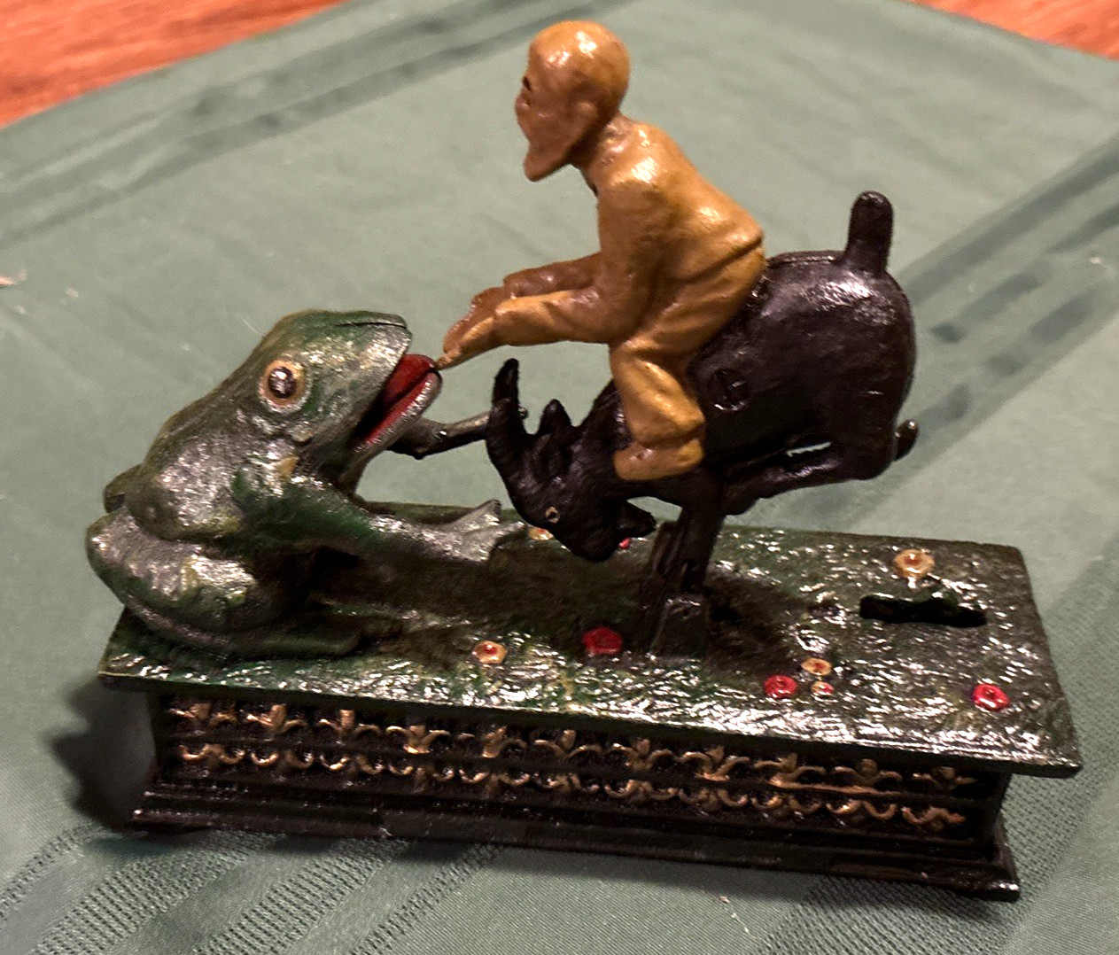 Cast Iron Mechanical Bank Hubley 1906 Man Frog And Goat