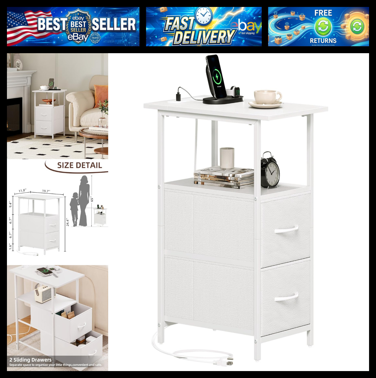 Somdot End Table with Charging Station, Narrow Side Table with 2 Fabric Drawers,
