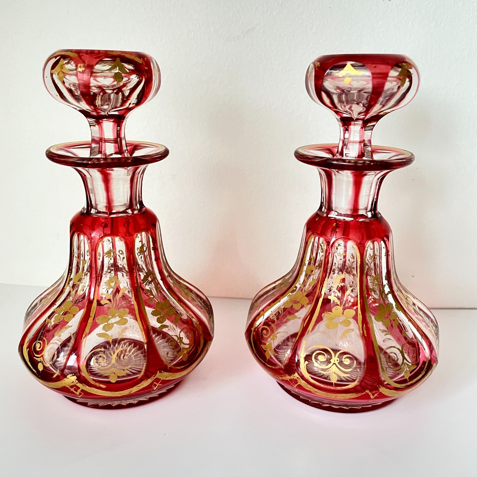 ANTIQUE BOHEMIAN RUBY RED CUT TO CLEAR PAIR GILDED PERFUME BOTTLES  14.5 CM H