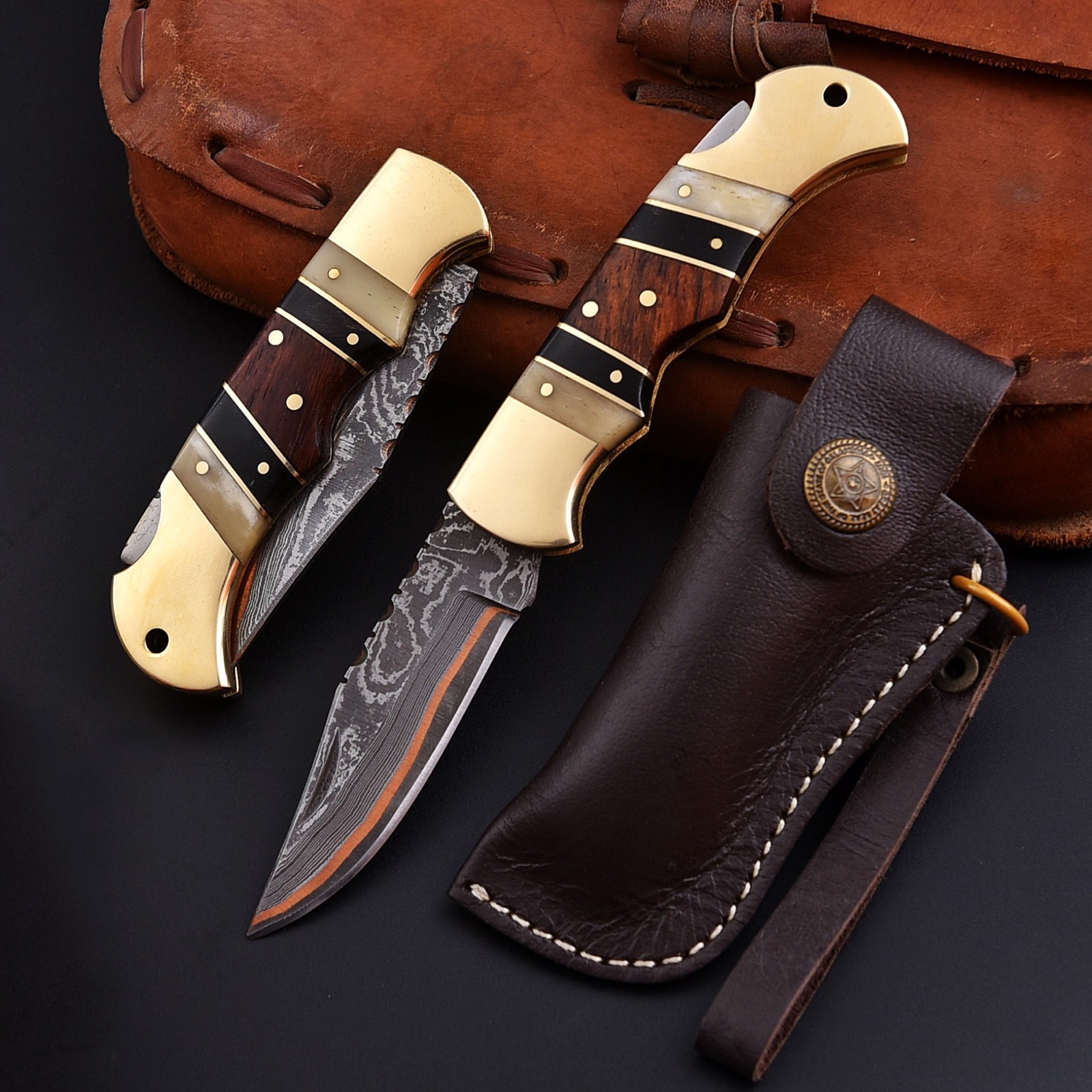 Handmade Personalized Damascus Copper Pocket knife with Brass Stone Bone Handle