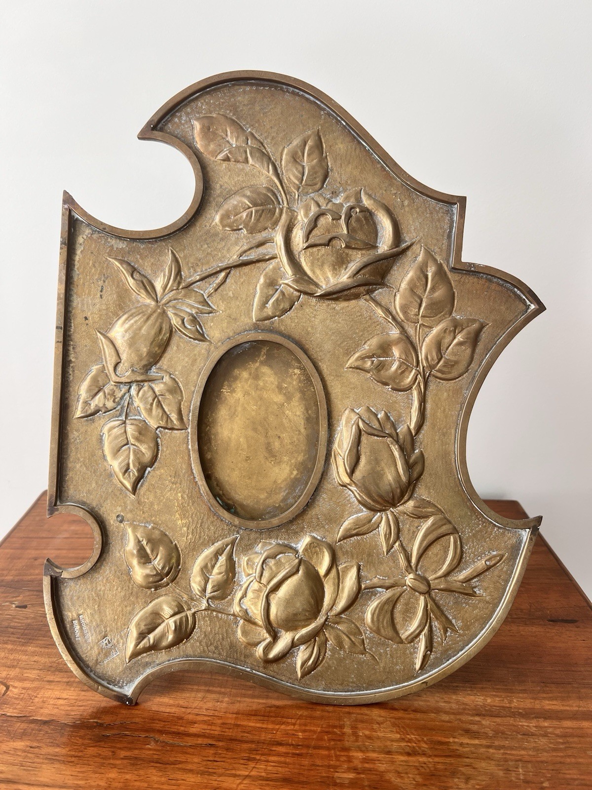 Antique Ernest Houbion Art Nouveau Belgium Brass Repousse Floral Picture Frame