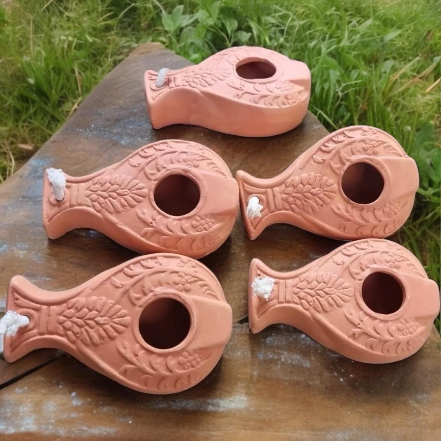 5 X HERODIAN Hanukkah Holy Land OIL LAMP Biblical Antique Replica Clay+Wicks 