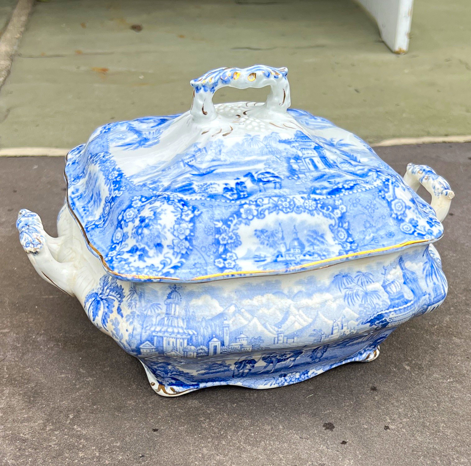 Antique Oriental W.R. Blue & White Scenic Square Porcelain serving dish w/ Lid 