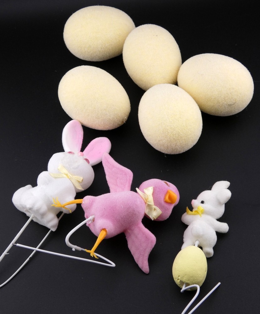 Vintage Easter Felt Flocked Bunny, Chick and Egg Decorations Lot