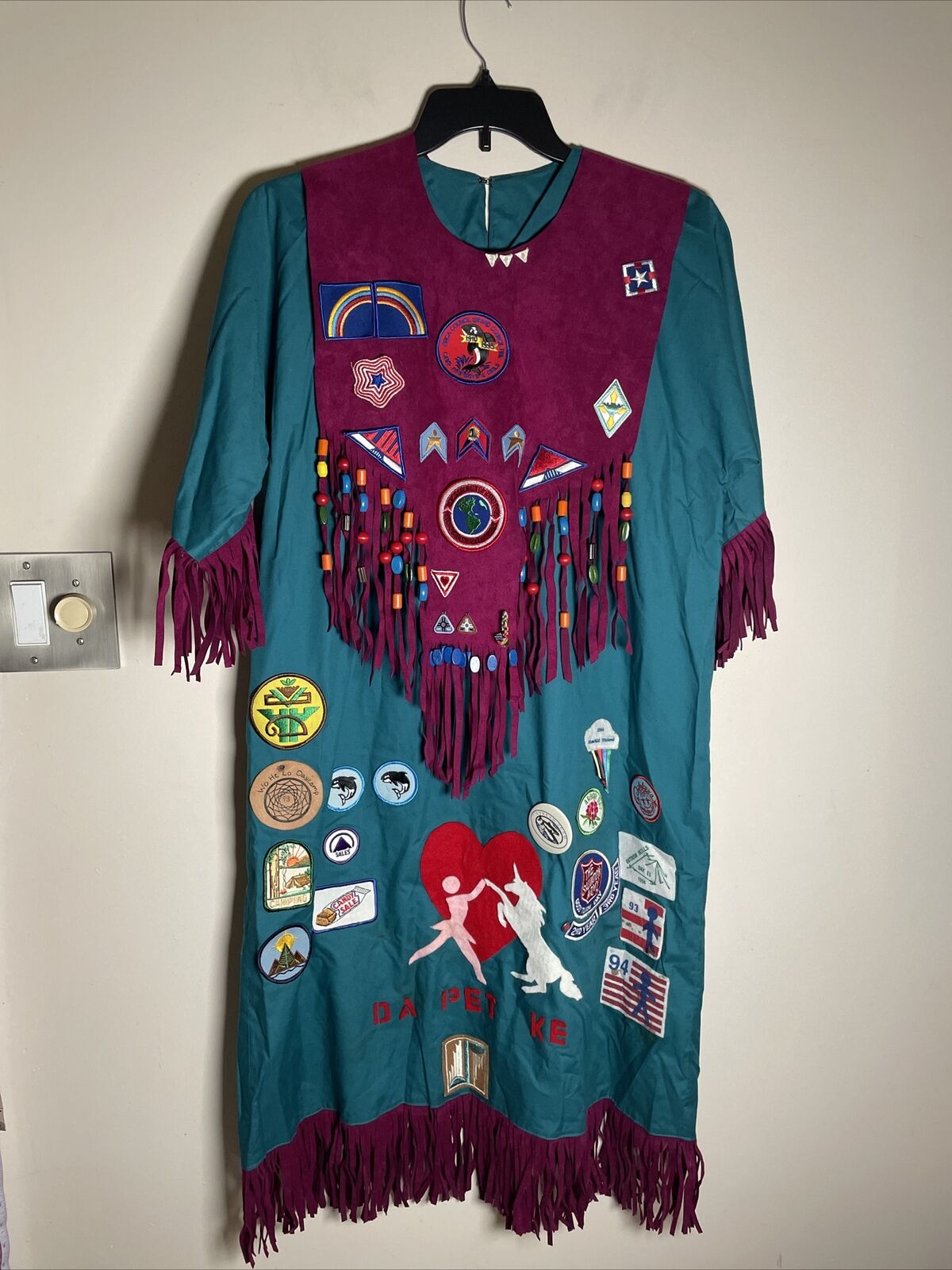 Vintage Campfire Girls Ceremonial Gown, Bead Fringe, Patches, Pins Leather Vest