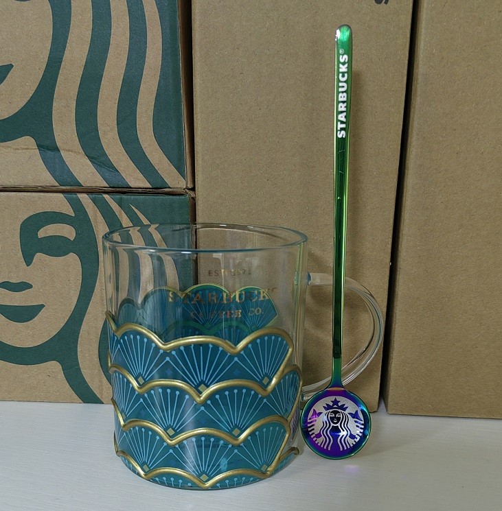 Starbucks The Sea Blue Series Blue Mermaid Scale Glass Mug with Spoon 355ml