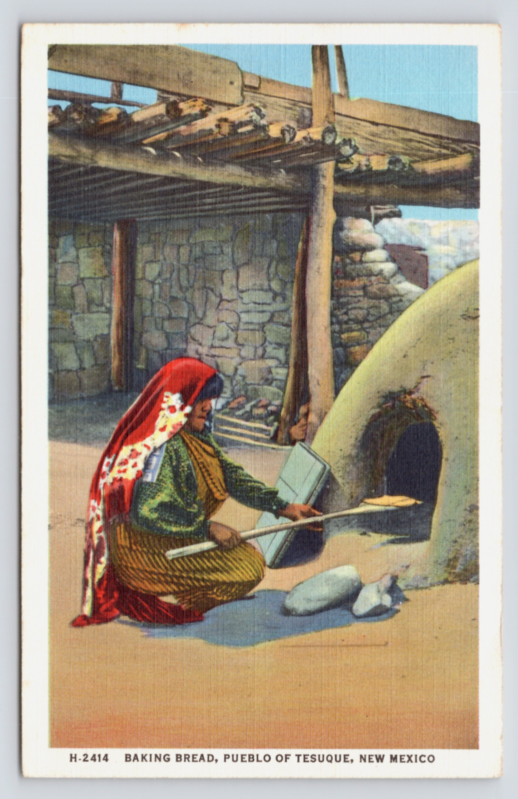 c1938 Baking Bread Postcard Pueblo of Tesuque NM, Adobe Oven Fred Harvey