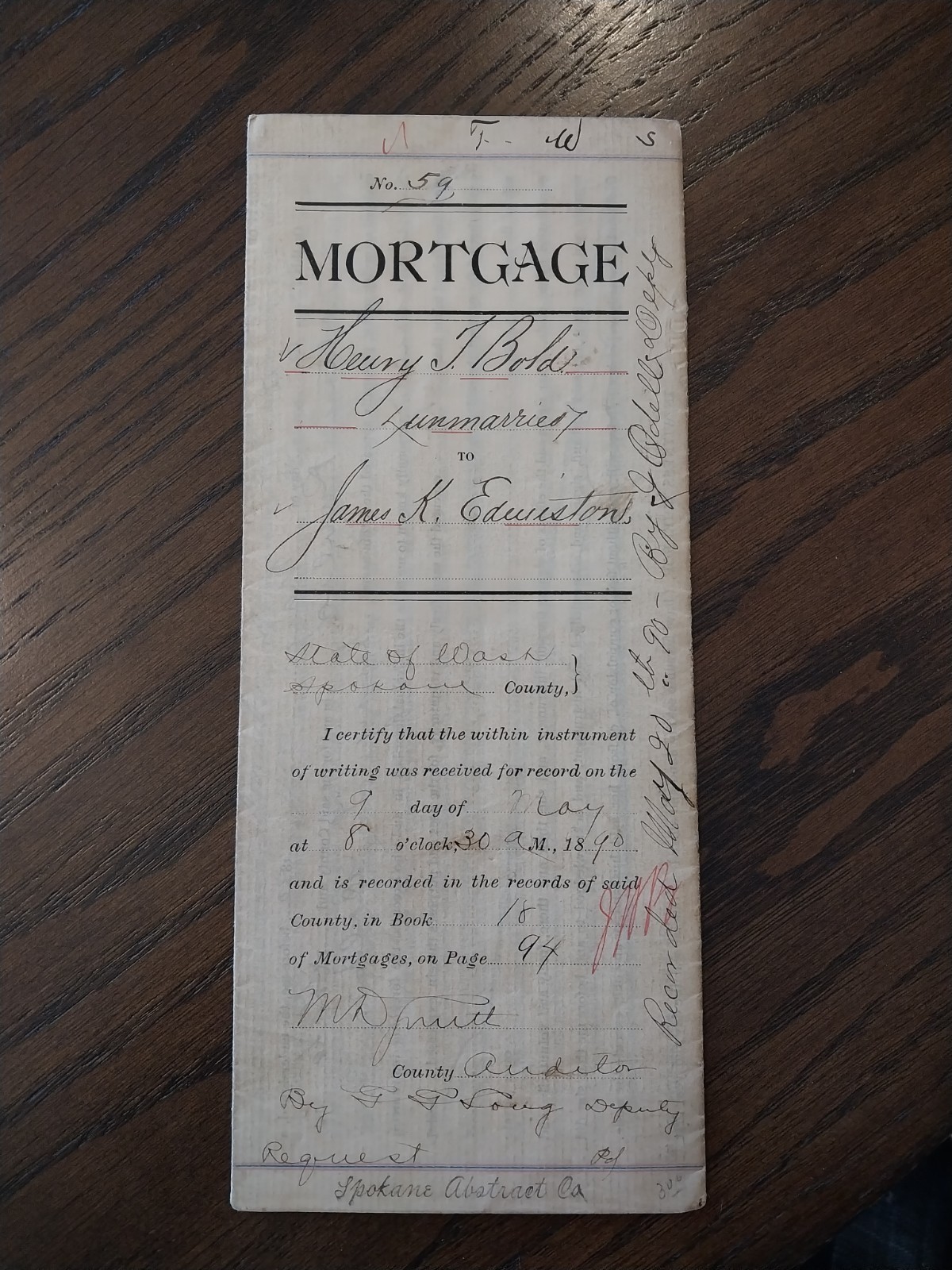 Rare 1890 Spokane County WA Mortgage Document -Signed by Banker James K Edmiston