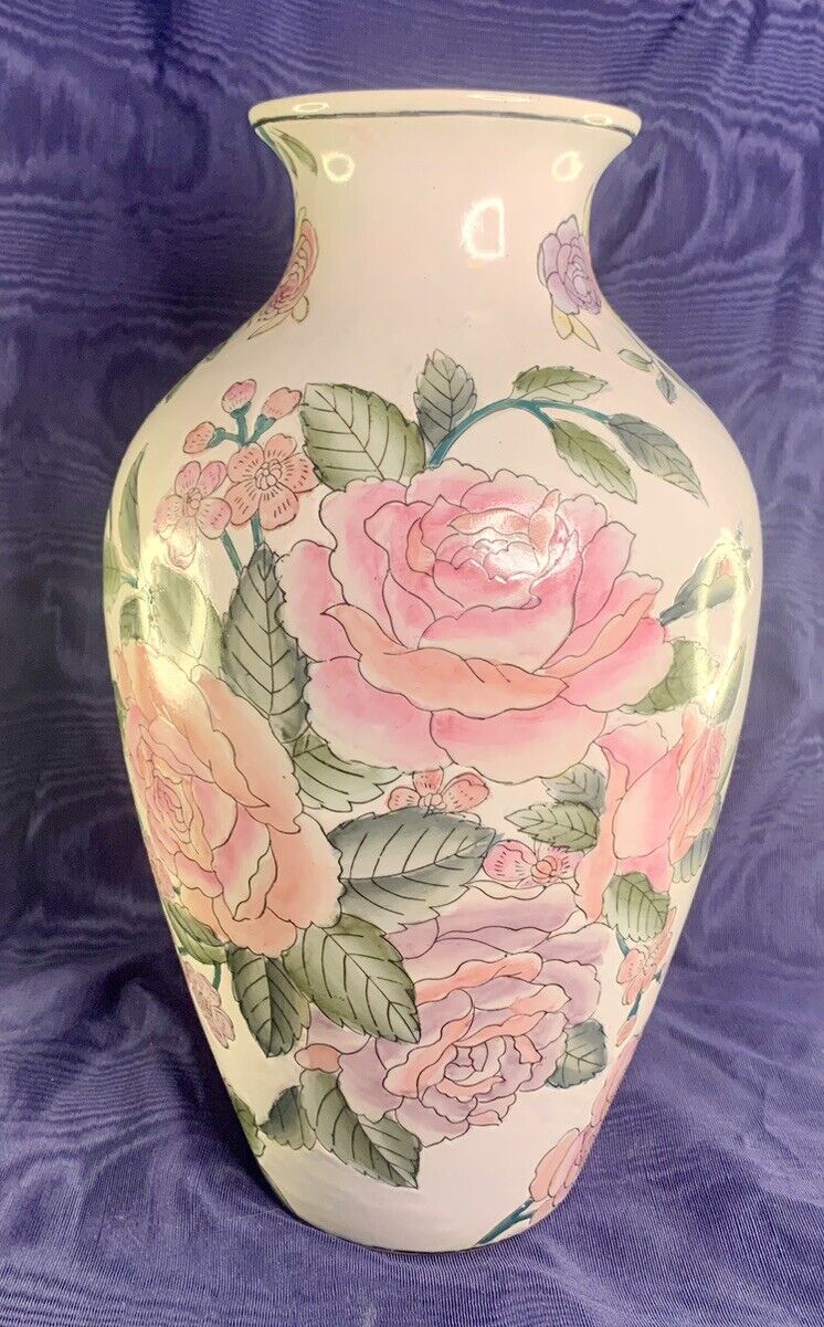 Vintage Toyo Porcelain Famille Rose Soft Pink Enameled Floral Flowers Vase