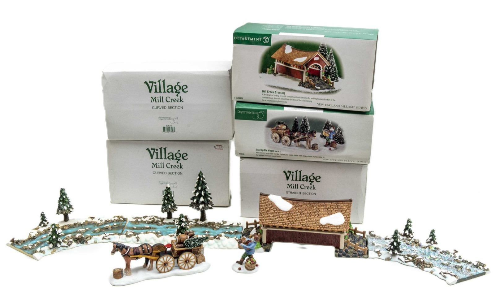 Dept 56 Village Mill Creek, Covered Bridge, Wagon Set and 3 sections - Lot of 5