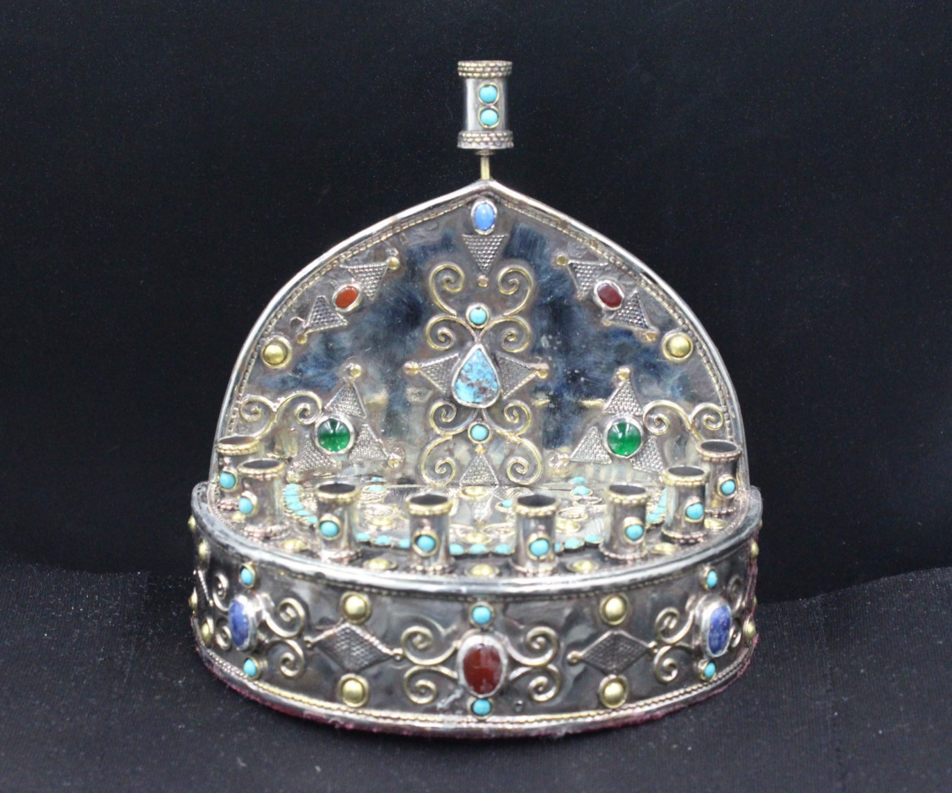 Turkmen Alpaka Judaica Hanukkah Menorah, 9 Candle Holder, Gemstones Menorah #H06