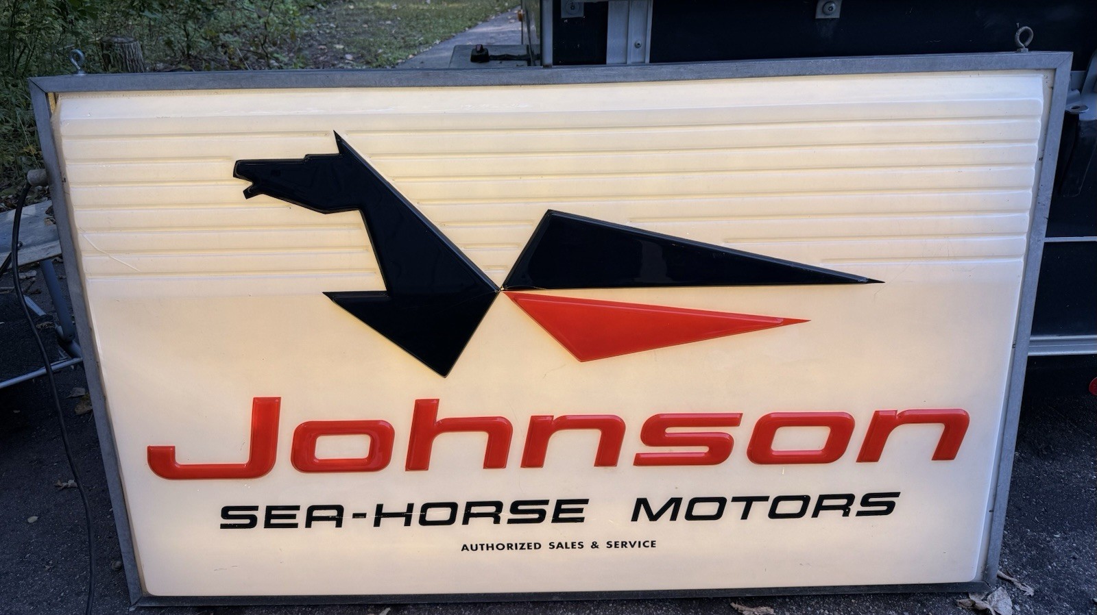 Vintage Johnson Outboard Dealer Lighted Sign 1960s w/ Iconic Red Tail Logo 61x31