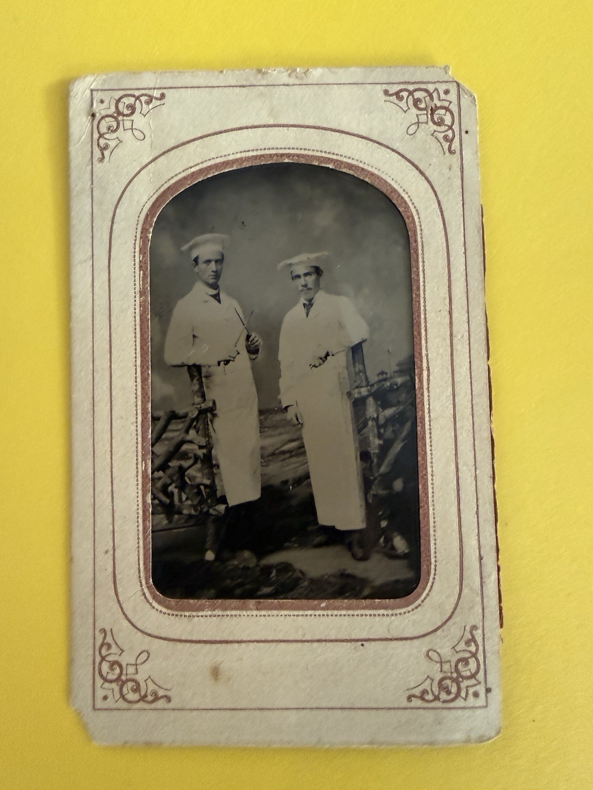 Tintype Of Early Chefs in Occupational Clothing With Tools In Hands-paper Frame Tintype Of Early Chefs in Occupational Clothing With Tools In Hands-paper Frame