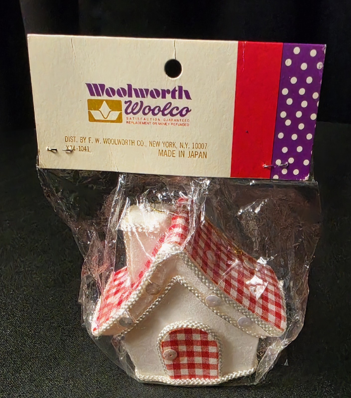 Vtg Woolworth Woolco Christmas Ornament Flocked House Red Gingham Plaid NOS