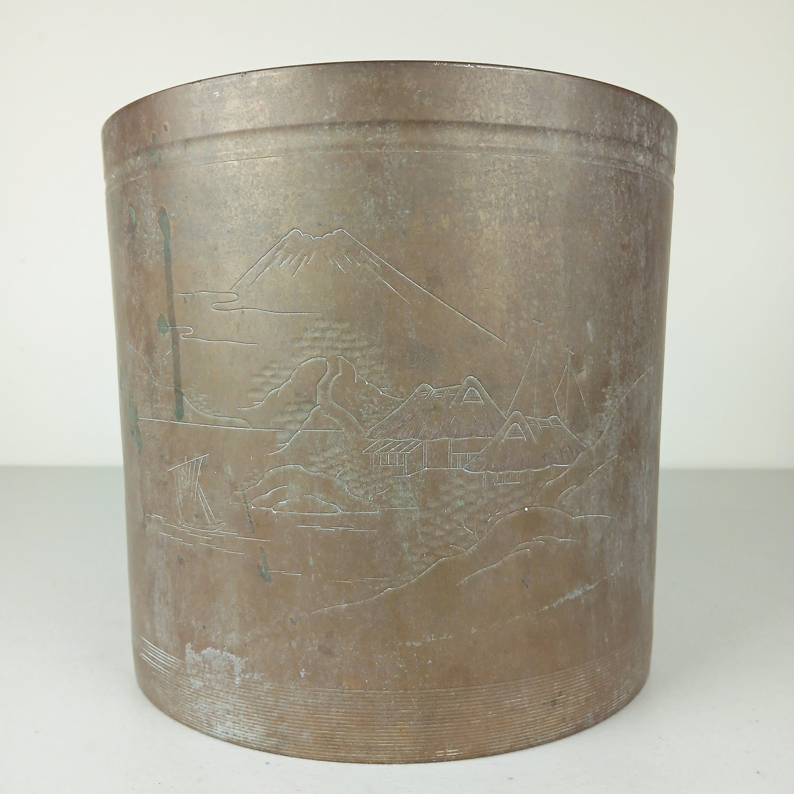 Antique Japanese Brass Planter Pot Inscribed Coastal Scene Old Natural Patina