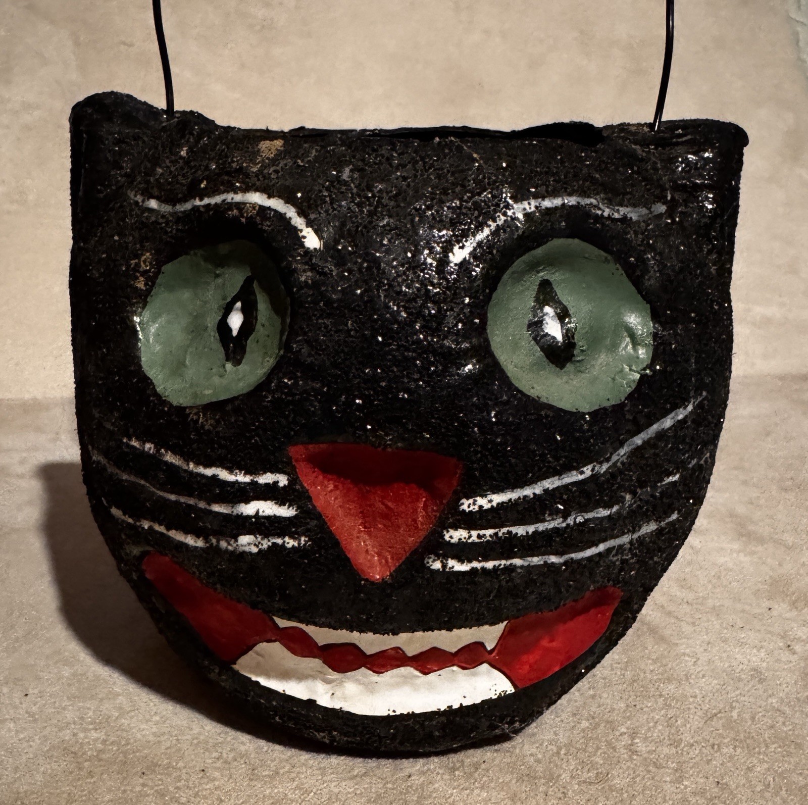 Vintage 1920’s-30’s Beautiful Black Cat Halloween Paper Mache Jack-O’-Lantern