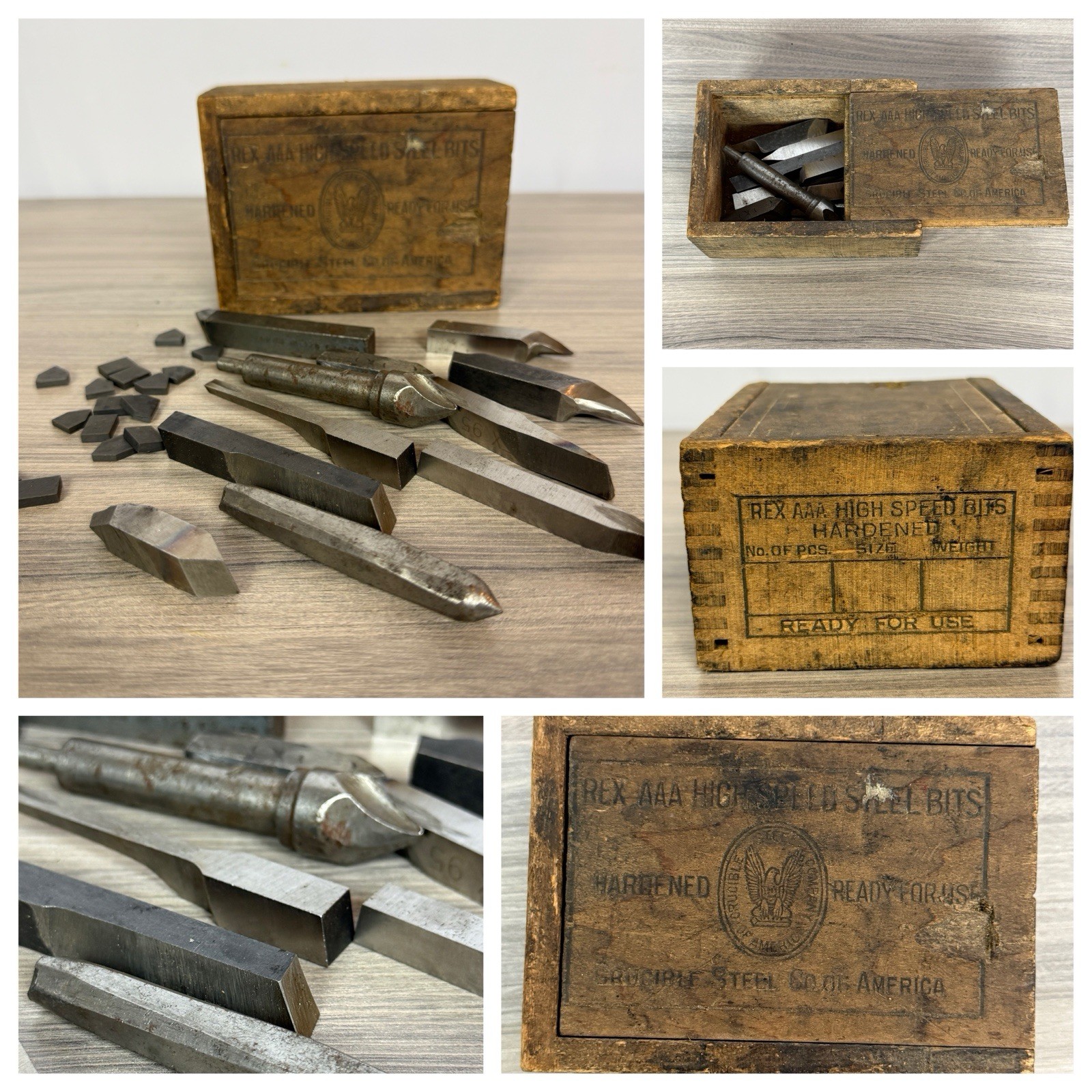 VTG Crucible Steel Co REX AAA Sliding Lid Wood Box + Asst. Lathe Steel Bits USA