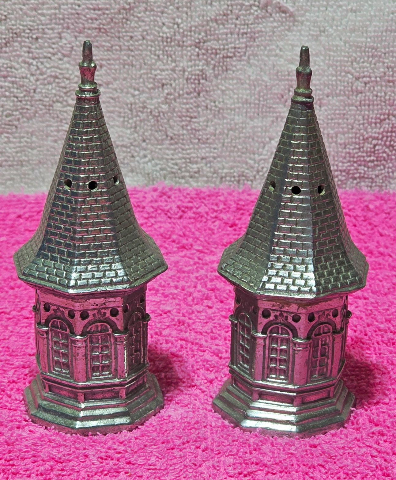 Silver Metal Church Steeple Tower Salt & Pepper Shaker Set w/ Lids 4 in