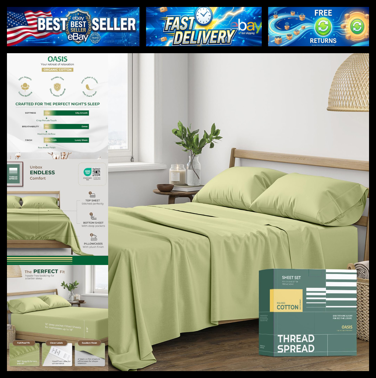 THREAD SPREAD 100% Organic Cotton Sheets King Size - 4 PC Organic Cotton King Pe