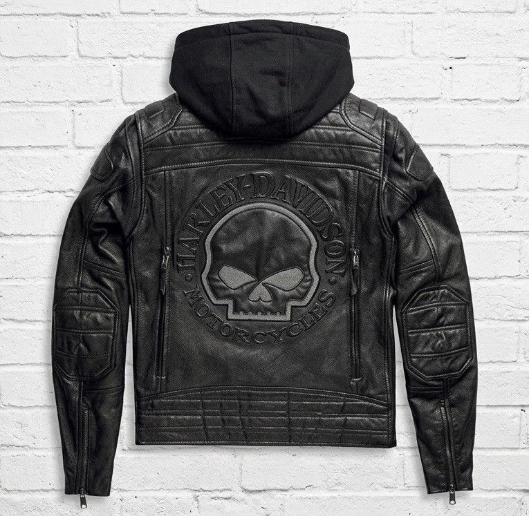 Harley-Davidson Black Leather Hooded Jacket with Skull Logo Back