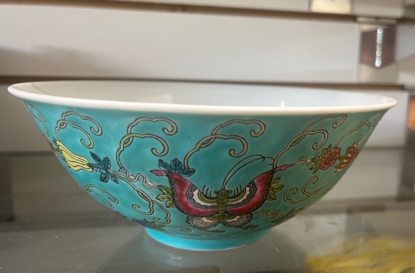 7.5x3” bowl Famille Verte Rose Turquoise Chinese Butterfly handpainted