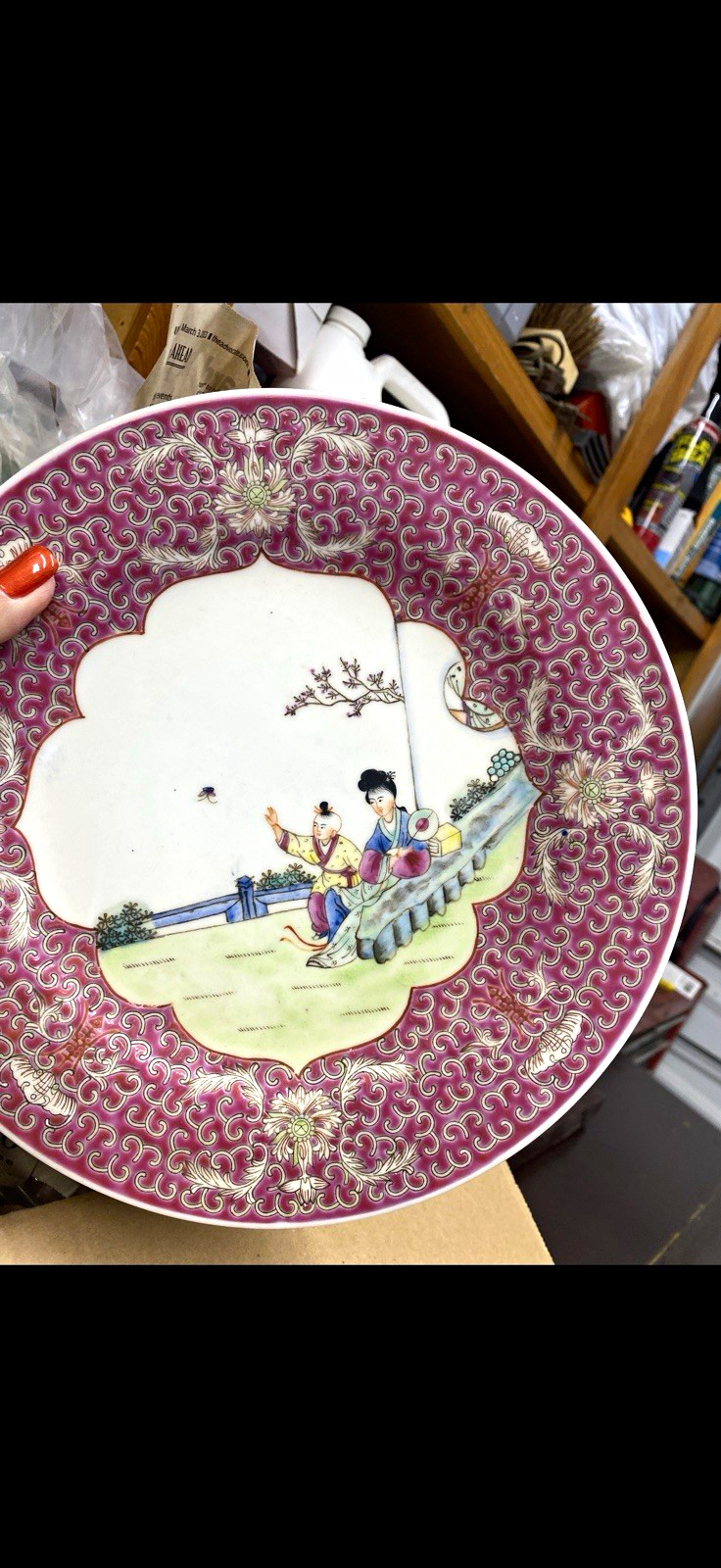 Chinese Porcelain Famille Rose Plate Figural Children Scene Pink Floral Border Chinese Porcelain Famille Rose Plate Figural Children Scene Pink Floral Border
