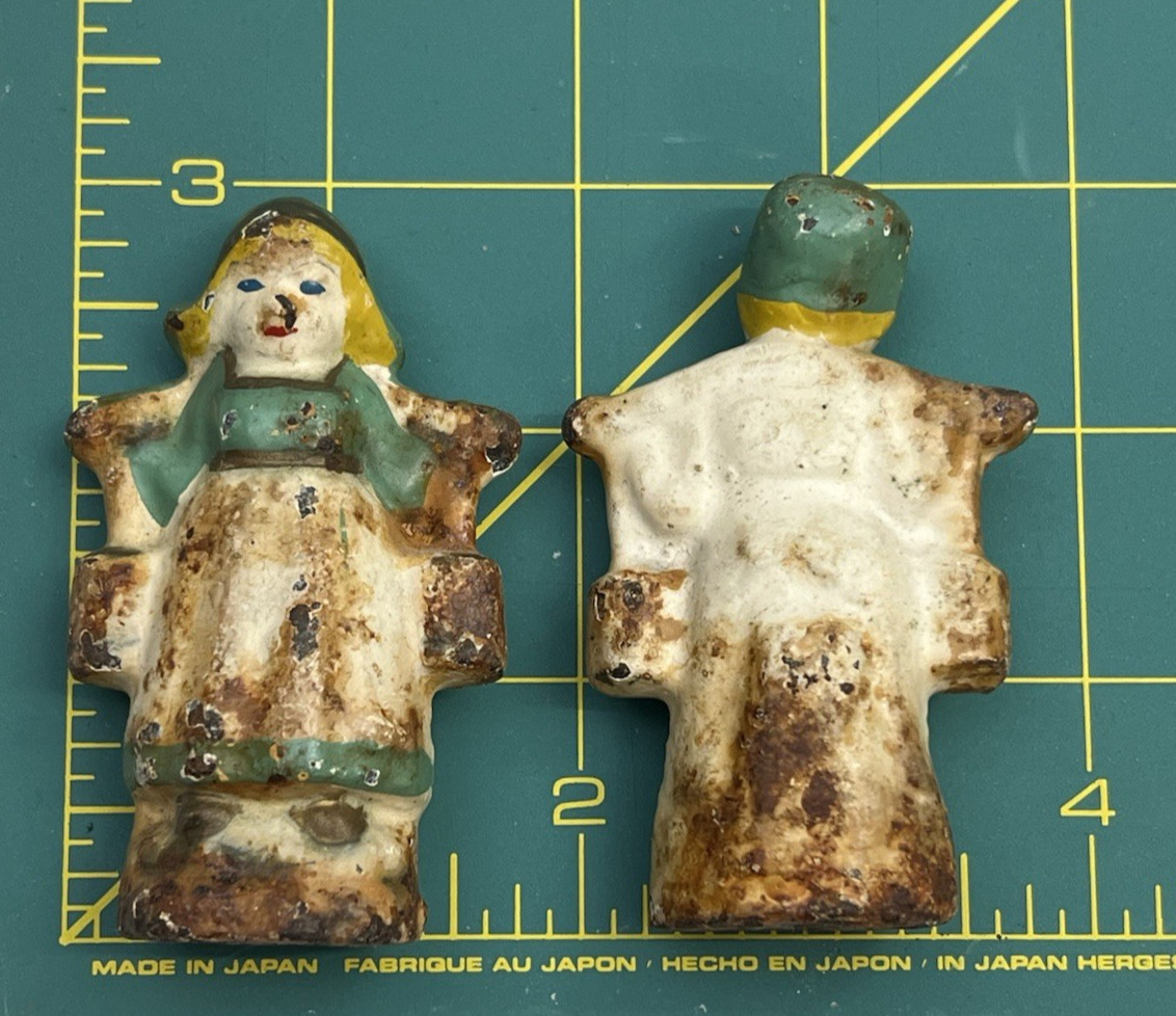 Antique Cast Iron Paperweight Dutch Miniature Boy & Girl Villager Farmer Patina