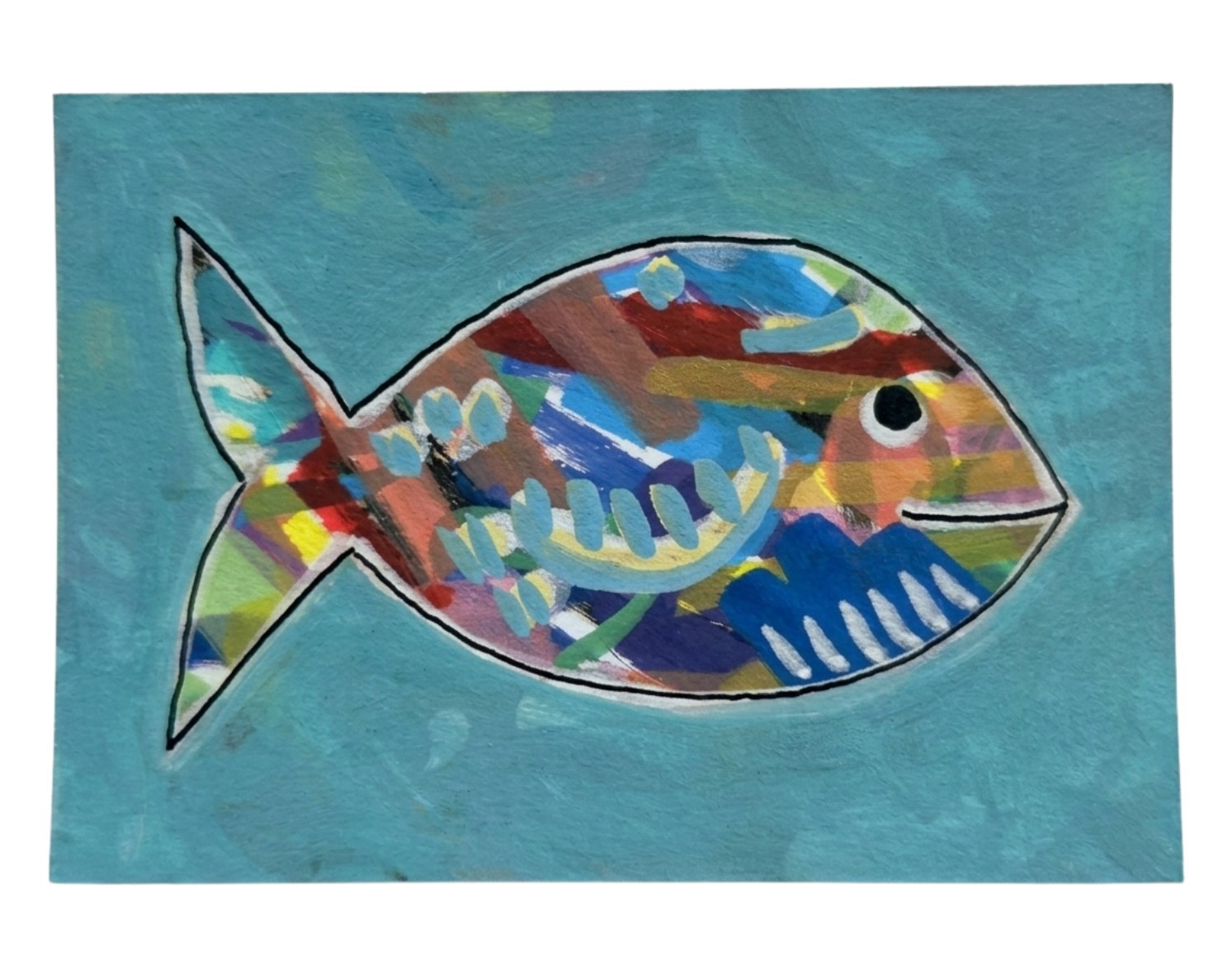 ACEO Original Mixed Media Art Colorful Fish Whimsical Acrylic OOAK 