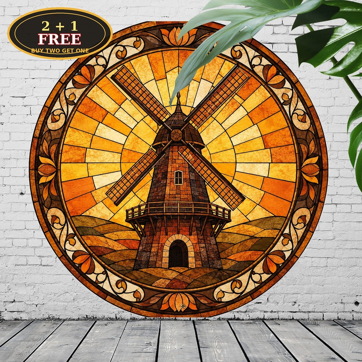 Bohemian Dutch Windmill Stained Glass Look Faux Suncatcher Metal Sign 8x12