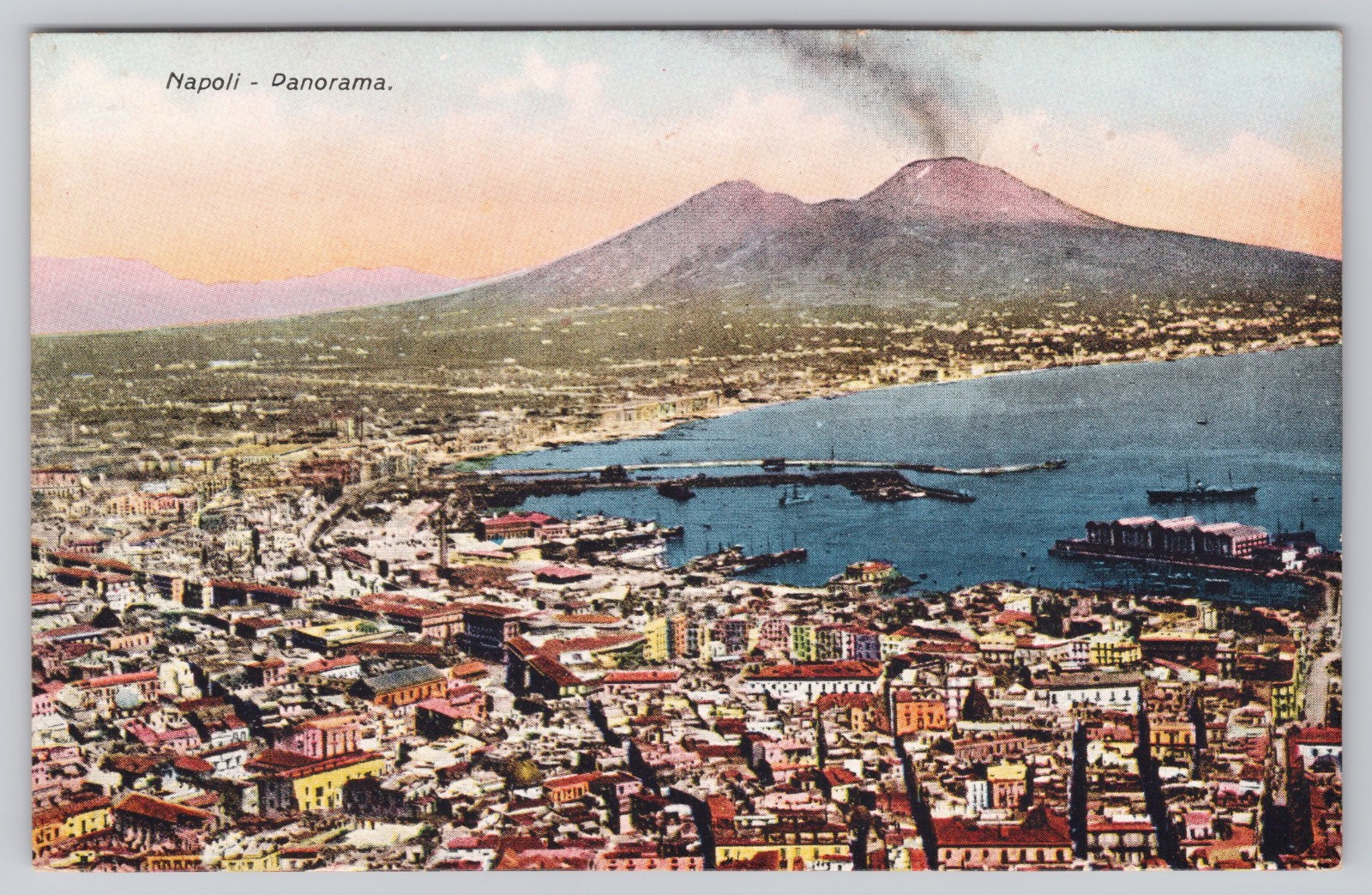 Naples Italy Mount Vesuvius Erupting Harbor Panorama Napoli Postcard c. 1910s
