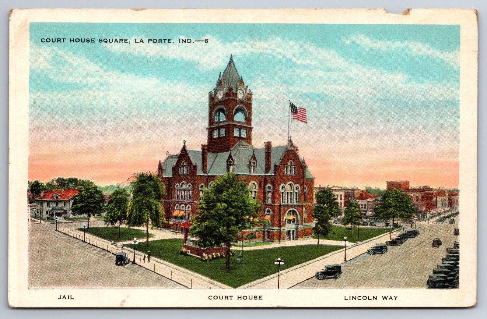 Vintage Postcard IN La Porte Court House Square Jail Old Cars Aerial View