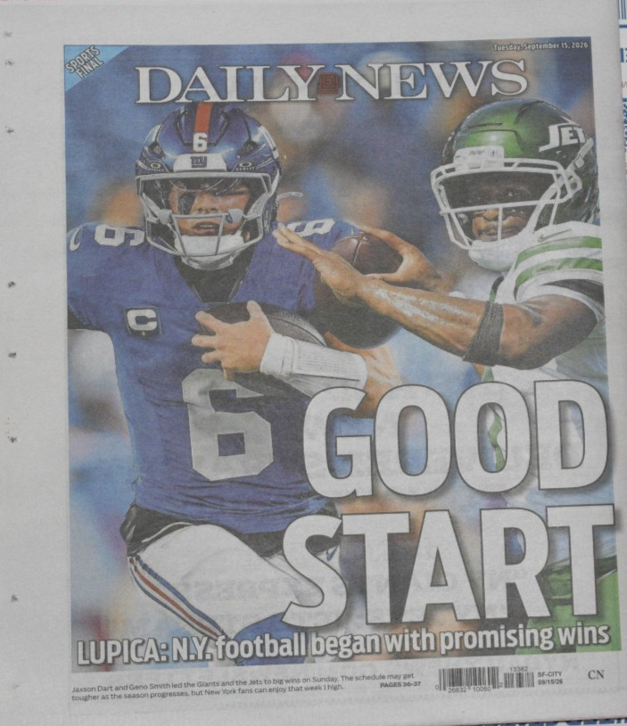 Jaxson Dart NY Giants Geno Smith NY Jets Win First Game NY Daily News 9/15/2026